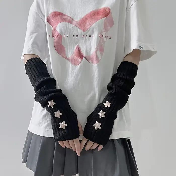 1 paire de gants sans doigts pour femmes, avec décoration d'étoiles, blanc/noir/rose, lavables en ma