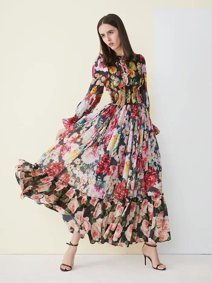 Robe d'été élégante en mousseline de soie pour femmes, imprimé floral, manches longues, col à volant