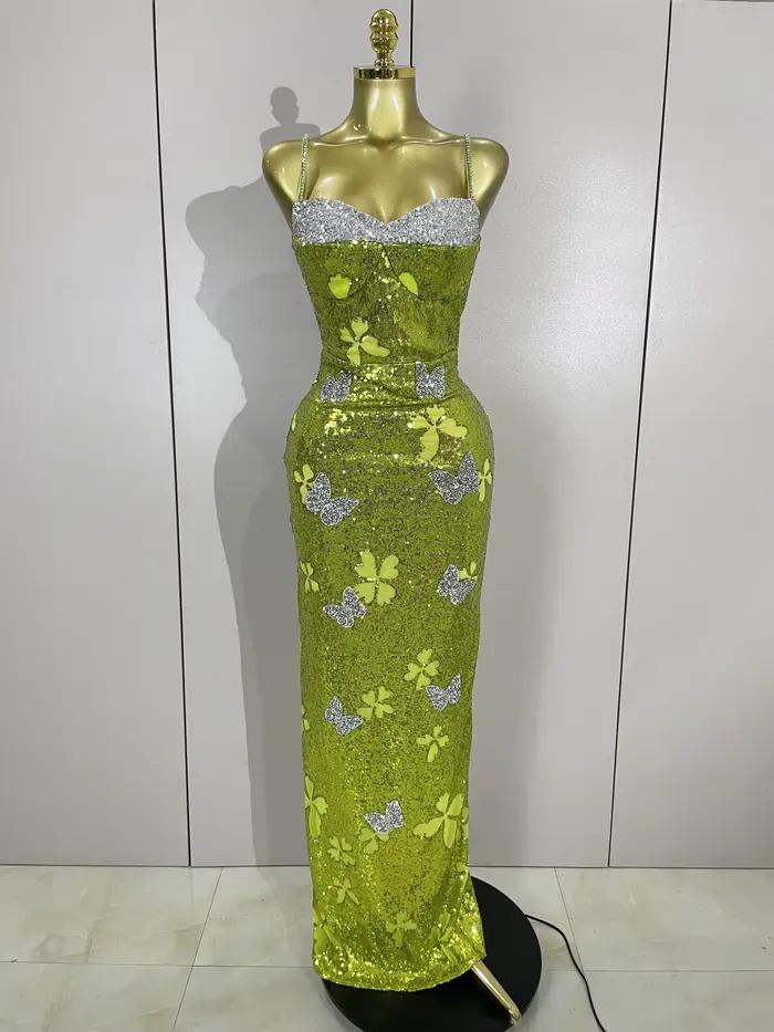 Élégant brillant papillon cristal Sexy licou vert moulante longue robe femmes célébrer soirée fête d