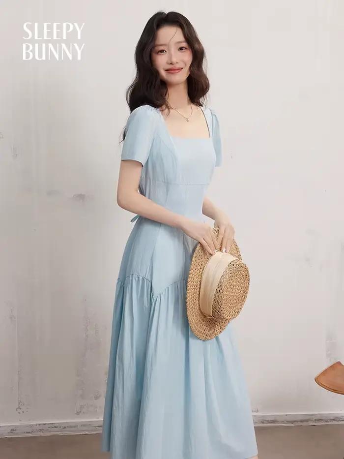Robe longue française à manches courtes et col carré pour femmes, coupe cintrée, ligne a, Petite tai