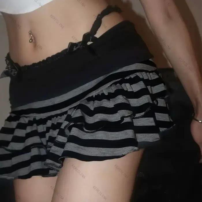 Mini jupe à volants rayée noire et grise, vêtements pour femmes Y2K Grunge, taille haute, taille éla