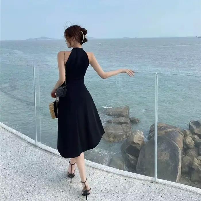 Robe mi-longue à col licou pour femme, robes décontractées pour femme, mince, sexy, simple, tempéram