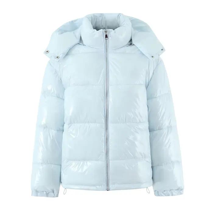 Nouveau hiver mode femmes bleu clair brillant fermeture éclair pain Parka manteau femme col montant 