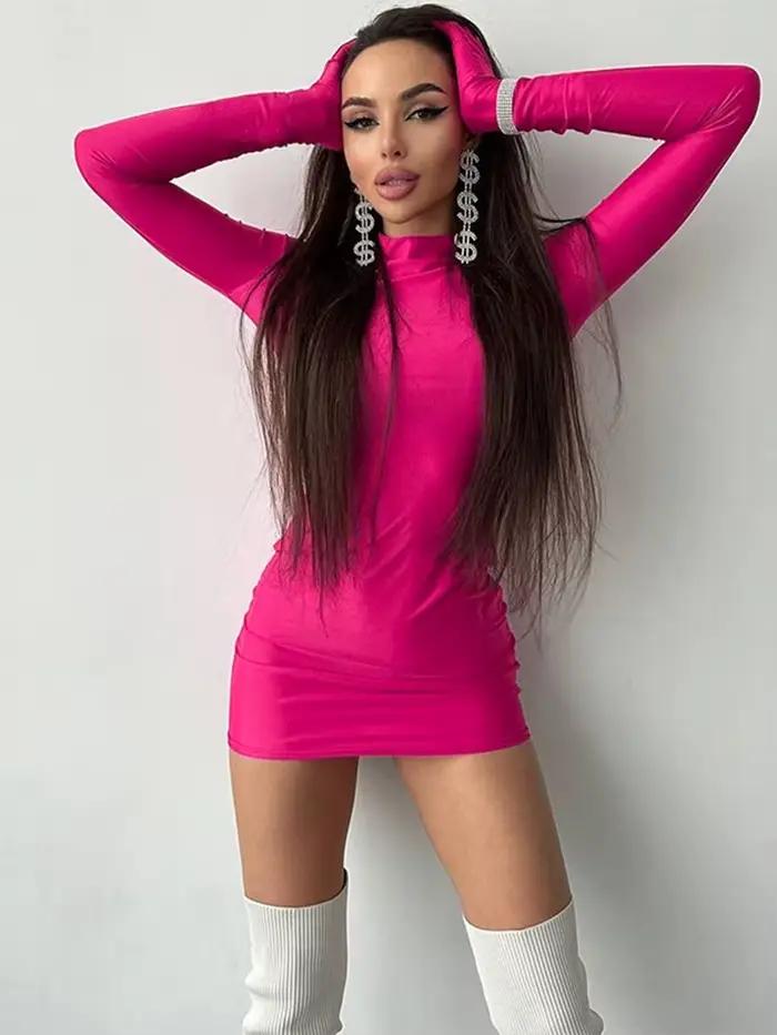 Mini robe moulante à manches longues avec gants, couleur unie, Sexy, Streetwear, tenue de fête, demi