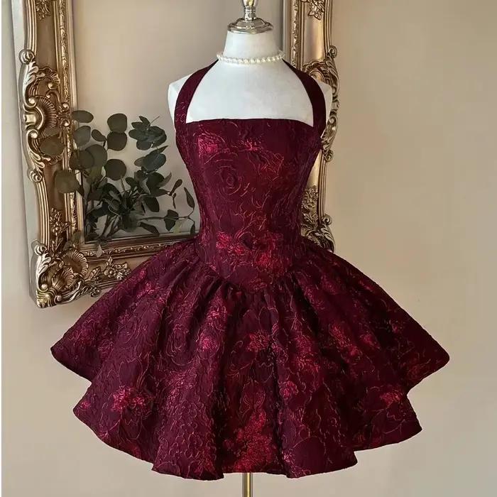 Robes de soirée florales bordeaux Mini robe de soirée col licou personnalisé robe de bal courte robe