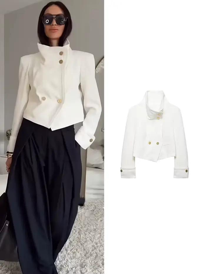 TFMLN – veste élégante pour femmes, couleur unie, manches longues, col montant, boutonnée, courtes, 