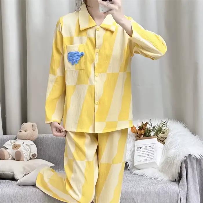 Nouvel ensemble de pyjama pour femme en coton à motif dessin animé, avec revers et manches longues, 