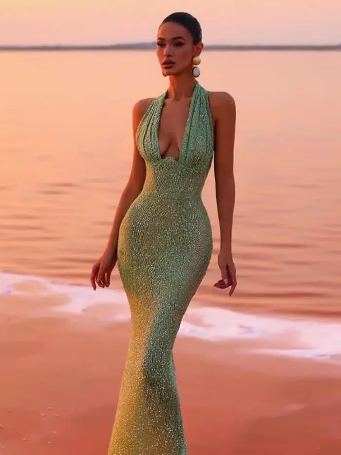Robe longue à paillettes pour femmes, Sexy, col en V profond, col licou, vert, sans manches, dos nu,