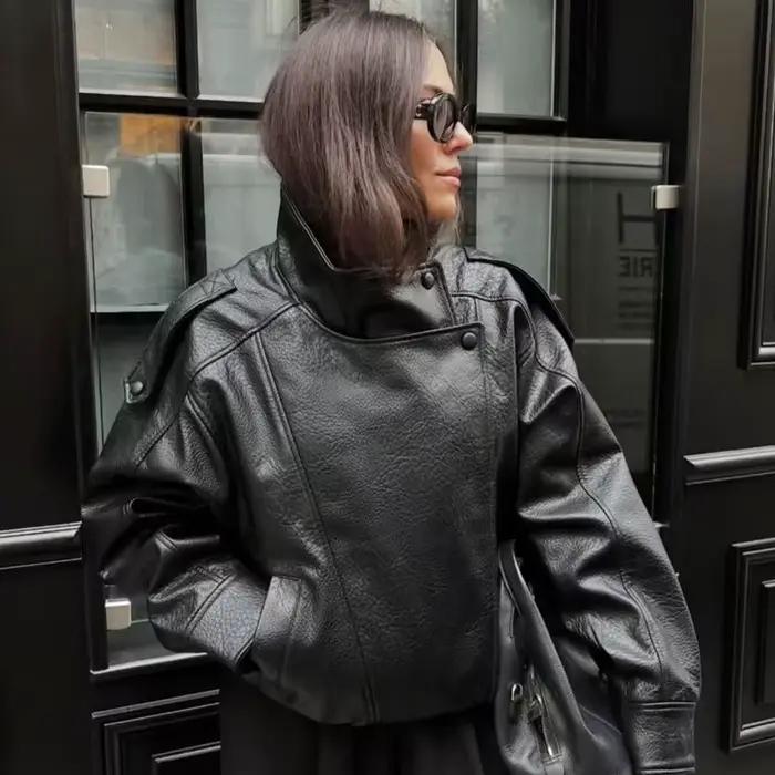 HXAO Veste bombardier asymétrique en simili cuir pour femme, courte, noire, surdimensionnée, à la mo
