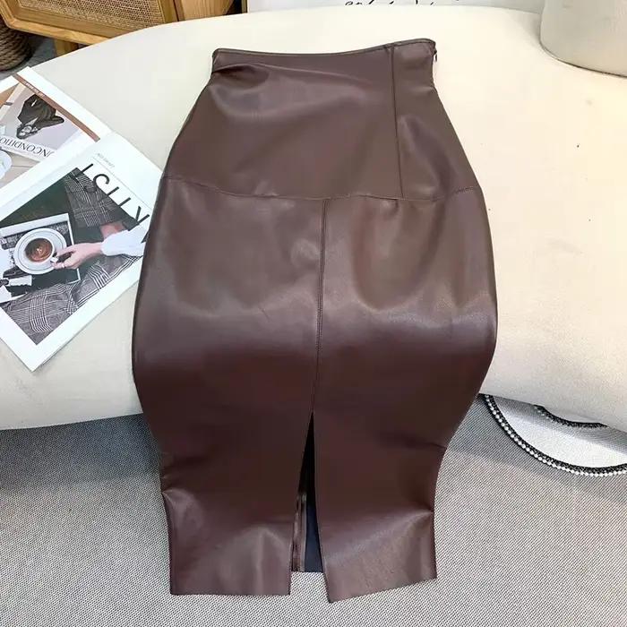 Jupes vintage en faux cuir PU pour femmes, jupes mi-longues sexy avec ourlet fendu, jupe sirène pour