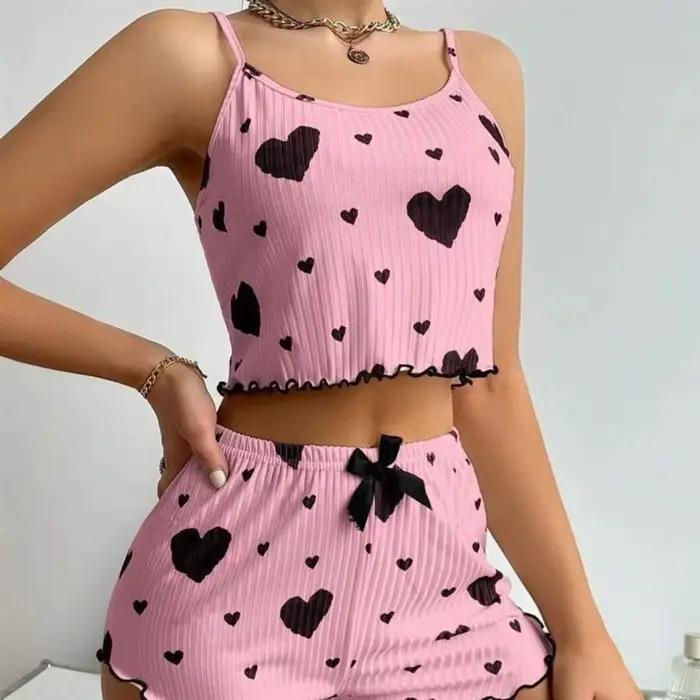 Ensemble de pyjama pour femme Fashion Love Heart, tenue d'intérieur, pyjama deux pièces avec nœud, p