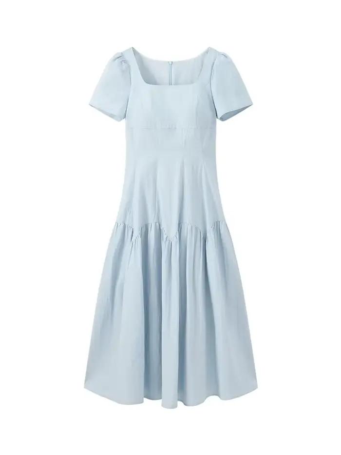 Robe longue française à manches courtes et col carré pour femmes, coupe cintrée, ligne a, Petite tai