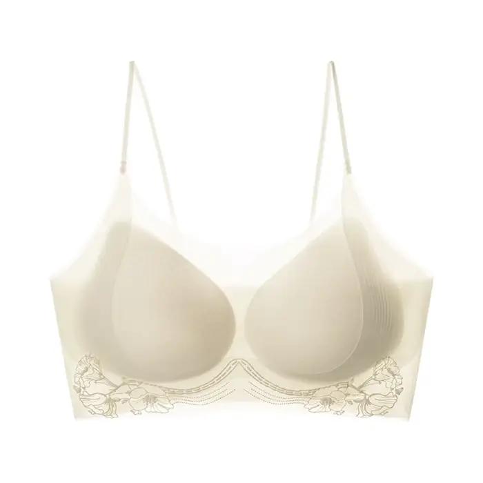 Soutien-gorge sans fil en soie glacée à motif camélia, décolleté en V profond, ajusté, fin, sans cou