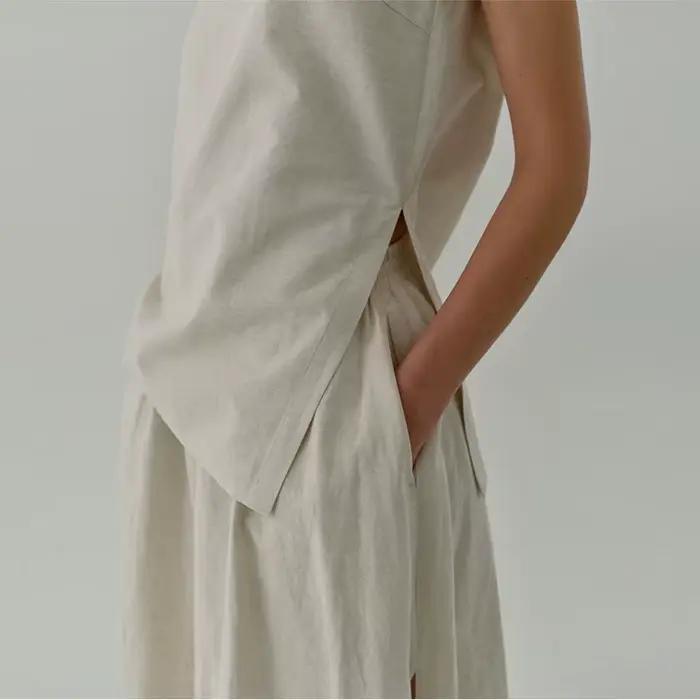 Jupe Chic en lin Vintage fendue sur le côté pour femmes, couleur unie, coton et lin, nouvelles jupes