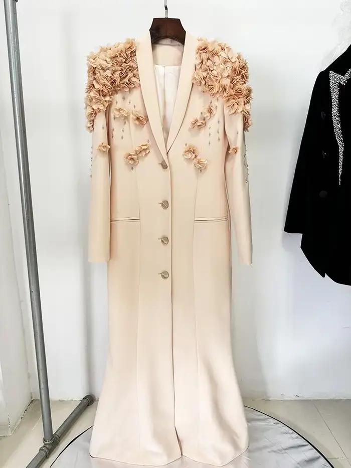 Haute qualité nouvelle mode 2025 Designer Maxi robes femmes à manches longues superbes fleurs Appliq