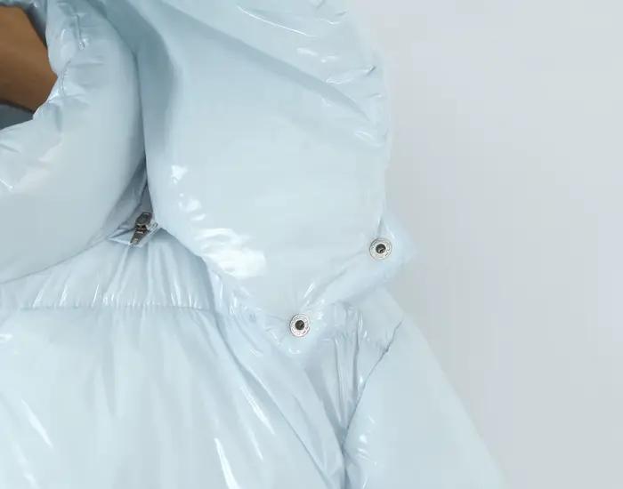 Nouveau hiver mode femmes bleu clair brillant fermeture éclair pain Parka manteau femme col montant 