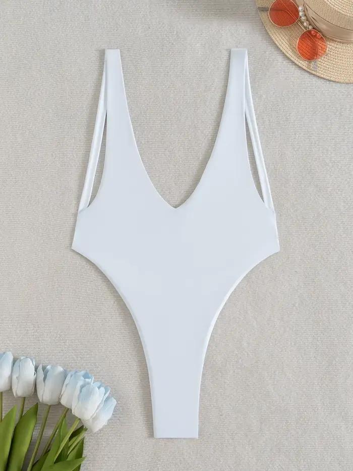 Sexy solide blanc col en v profond maillot de bain une pièce dos nu string bikinis maillots de bain 