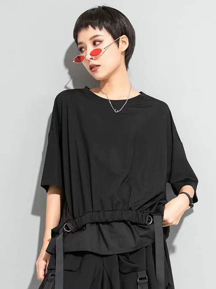 AmaxluluE 2025 été mode T-shirt femmes noir à manches courtes T-shirt dames décontracté Patchwork ha
