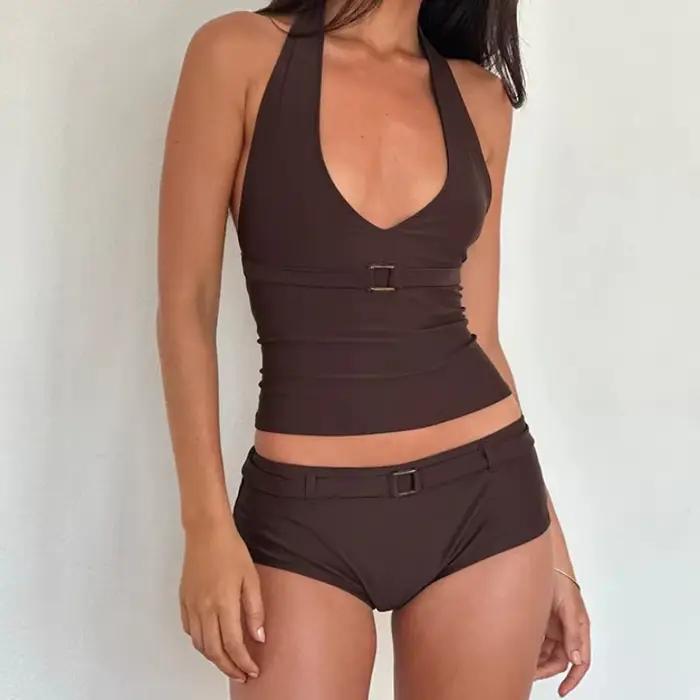 Maillots de bain tankini sexy deux pièces pour femmes, effet ventre plat, col halter en V, dos noué 