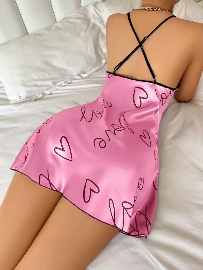 Coeur lettre impression chemise de nuit décontracté col rond Spaghetti sangle robe de nuit femmes vê