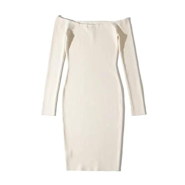 Robe de soirée courte moulante à manches longues pour femmes, robes tricotées évidées, épaule dénudé