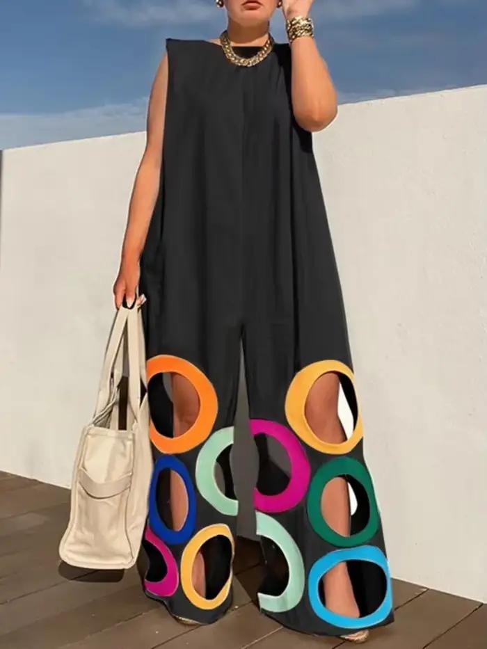 UOOZEE femmes été coloré cercle découpes évider combinaisons sans manches surdimensionné urbain déco
