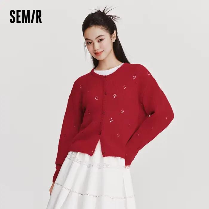 Cardigan rouge pour femme Semir, collection Printemps 2026, col rond ajouré, style décontracté et co