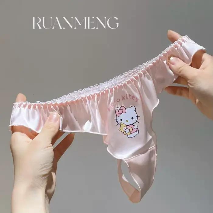 Culottes string en satin Kawaii Hello Kitty, confortables et sexy, avec bordure à volants élastiques