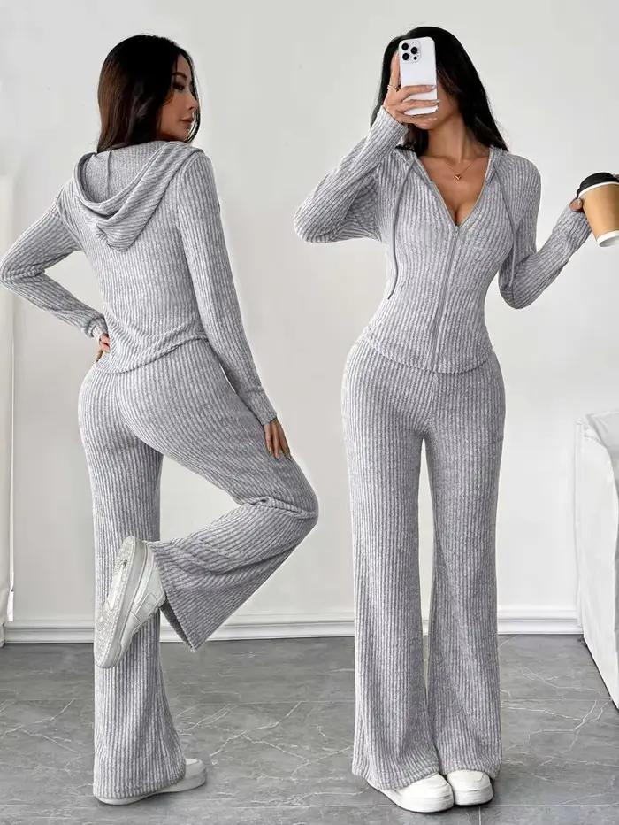 Ensemble haut à capuche et pantalon évasé ample pour femmes, couleur unie, à la mode, décontracté, à