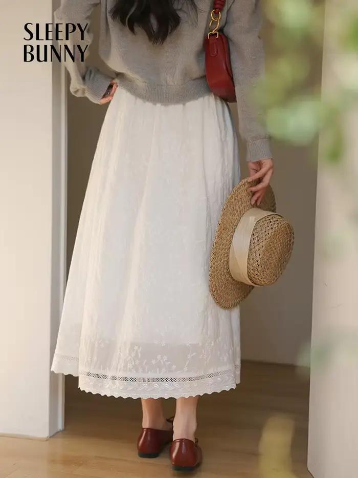 Jupe mi-longue trapèze blanche de Style français pour femmes, taille haute, fluide, Slim, élégante, 