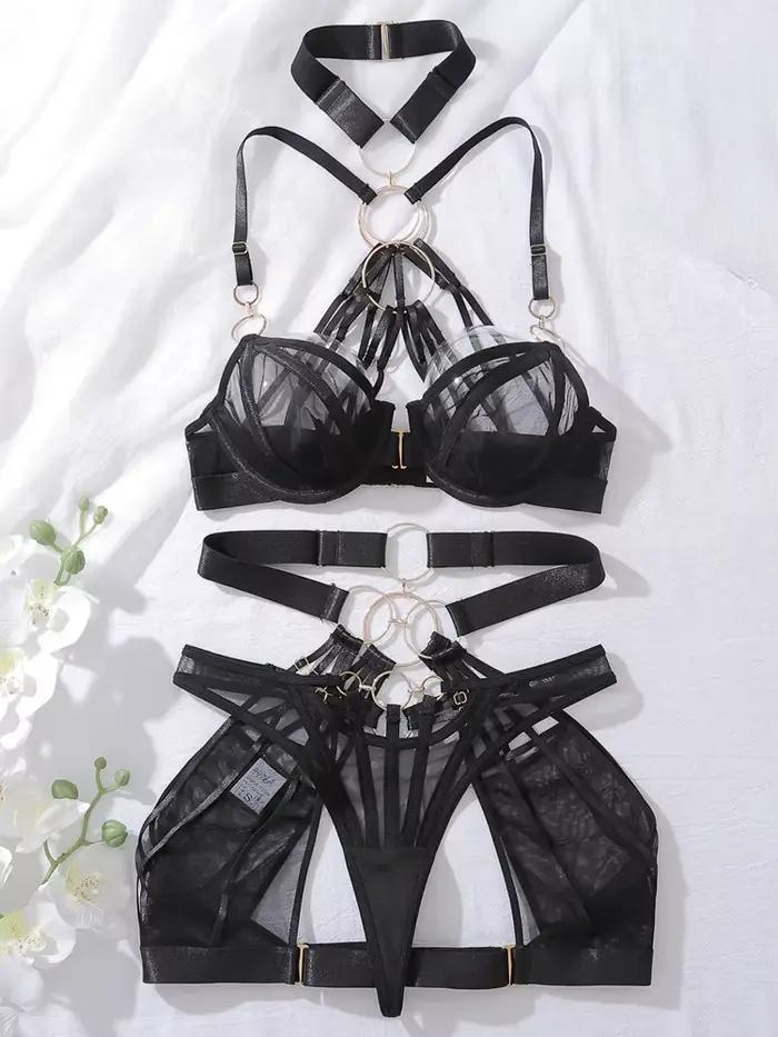 Ensemble de lingerie sexy haut de gamme Belamimi : Soutien-gorge halter ajouré à poitrine ouverte, a