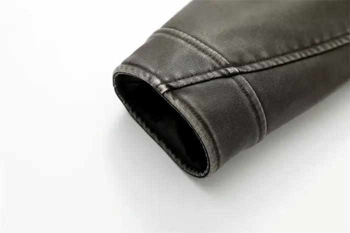 2025New Coal gray le Veste en cuir lavé pour femme avec ceinture, manteau court avec fermeture éclai