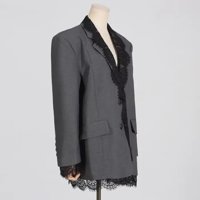 VGH-Blazer Chic en Dentelle Épissée pour Femme, Col Cranté, Manches sulf, Style de Vêtement Féminin