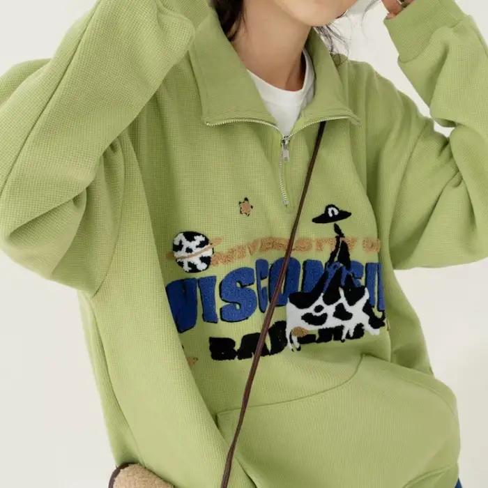 Avocat vert mignon vache broderie POLO sweat demi fermeture éclair ample décontracté étudiants fille