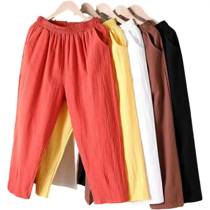 Femmes été décontracté ample Harem taille élastique coton lin pantalon neuvième pantalon