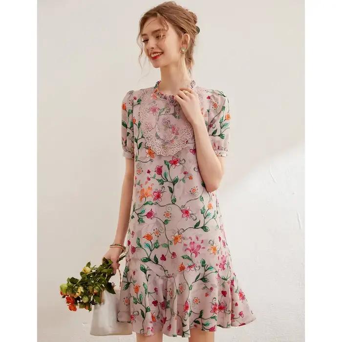 Modiis Yao-Robe florale brodée élégante, dentelle perlée, col rond, manches courtes, robe courte A-L
