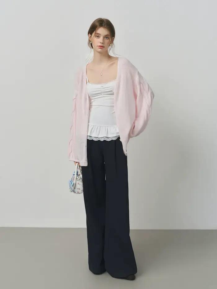 FSLE laine d'alpaga lâche paresseux câble tricoté col en v Cardigan veste femme automne 2025 nouveau