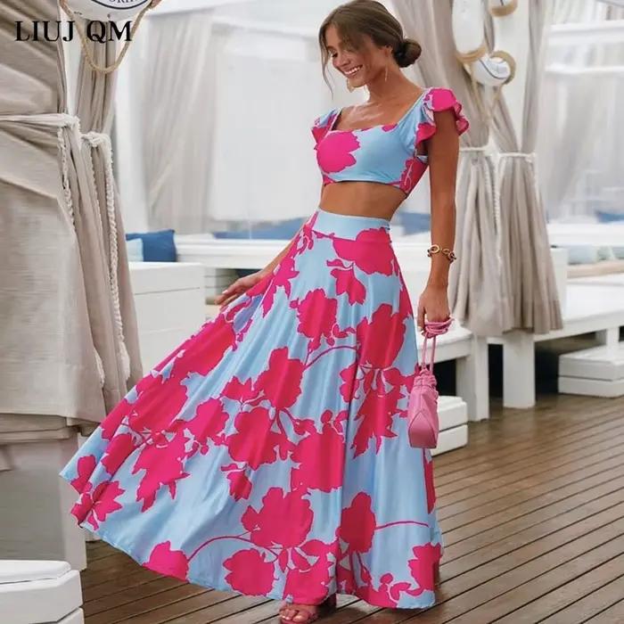 Ensemble 2 pièces grande taille pour femmes, haut court + jupe longue taille haute, ensembles Maxi a