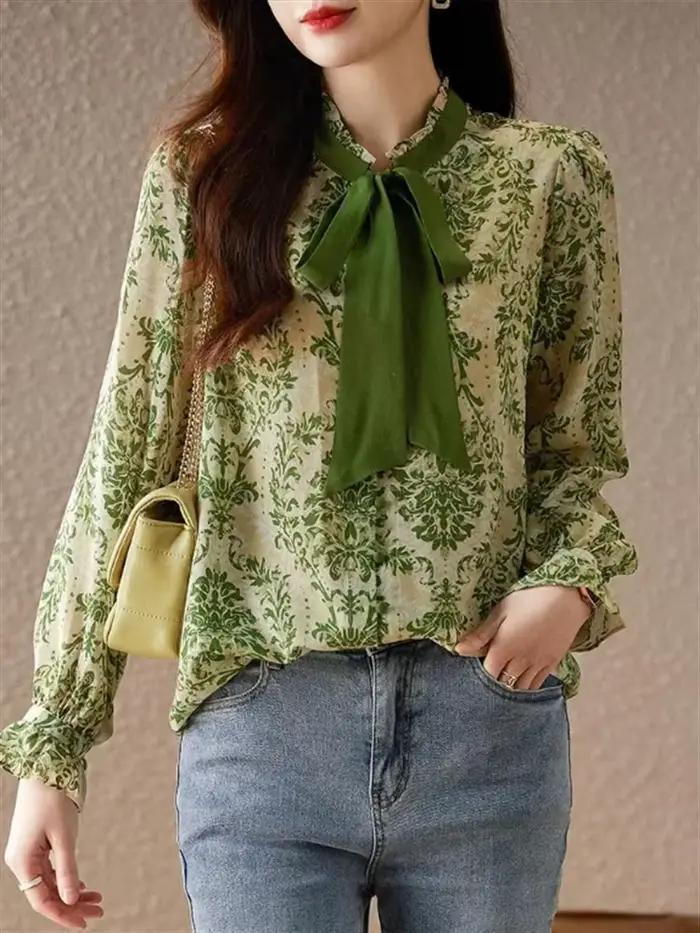 Chemise à volants avec nœud pour femme, manches lanterne, haut décontracté, col montant, ruban, chem