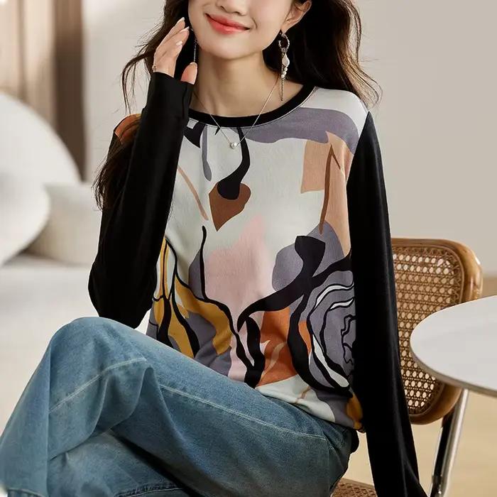 T-shirts à manches longues pour femmes, élégants et confortables, imprimés à la mode, hauts quotidie