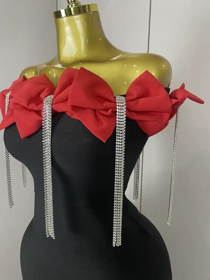 2025 femmes célébrité sexy épaule dénudée fleur diamants noir noeud papillon maxi longue XL robe de 