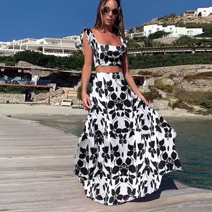 Ensemble 2 pièces grande taille pour femmes, haut court + jupe longue taille haute, ensembles Maxi a