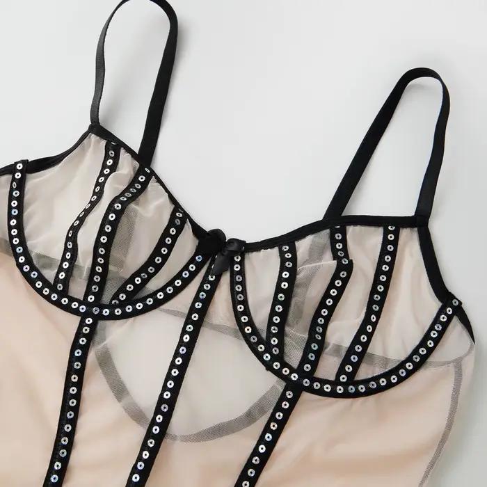 Body en maille à paillettes pour femmes, Slim, transparent, bretelles Spaghetti, dos nu, Lingerie, h