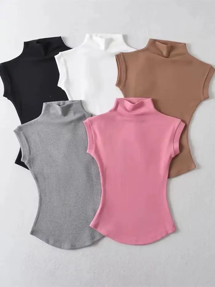 Femmes été Sexy col roulé sans manches T-Shirts hauts solide coupe ajustée pulls t-shirts décontract