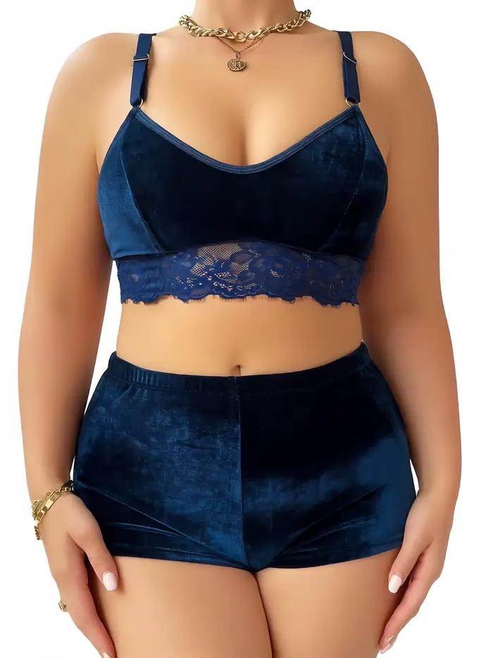 Ensemble de lingerie en velours grande taille 1XL-4XL pour femmes, bralette en dentelle et short, te
