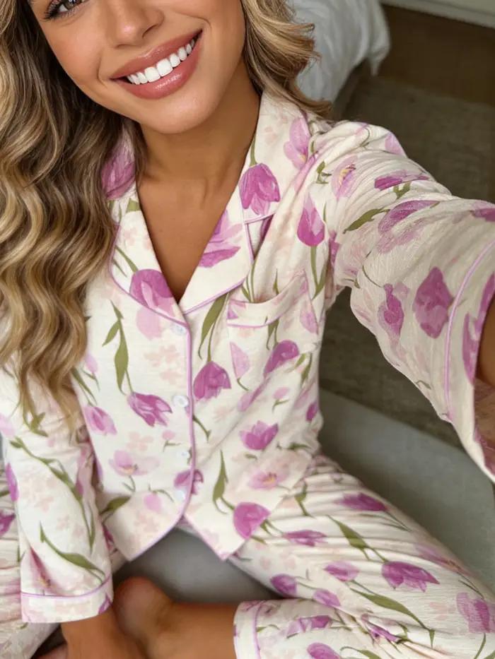 Pyjama femme à revers cranté, manches longues et pantalon, ensemble 2 pièces, imprimé tulipes mignon