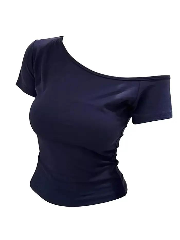 Haut d'été asymétrique pour femme, coupe ajustée, t-shirt à manches courtes, sexy, basique, chic cor