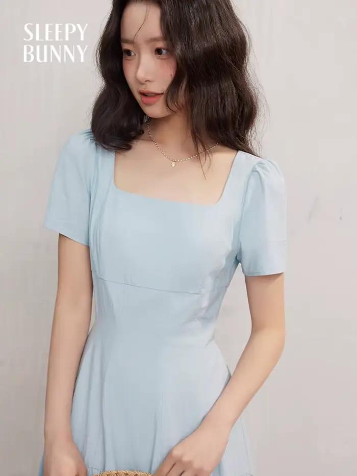 Robe longue française à manches courtes et col carré pour femmes, coupe cintrée, ligne a, Petite tai