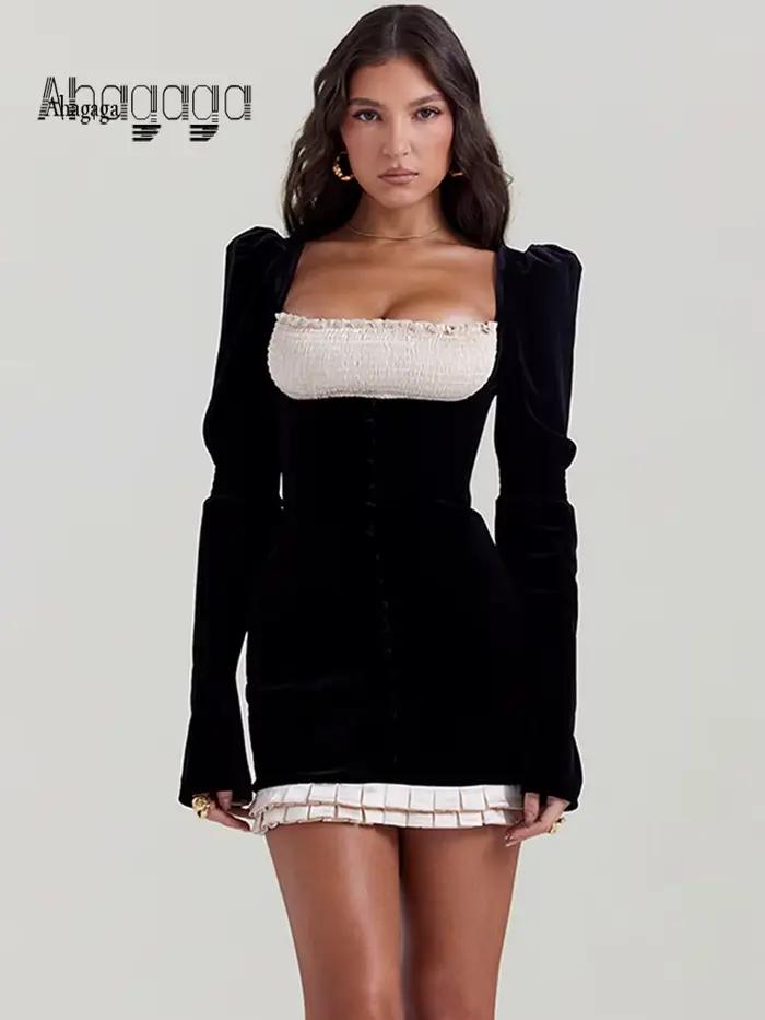 Ahagaga-Mini Robe en Velours Sexy pour Femme, Patchwork, Dos aux, lèvent Décontractés, Slim, GT, Hip