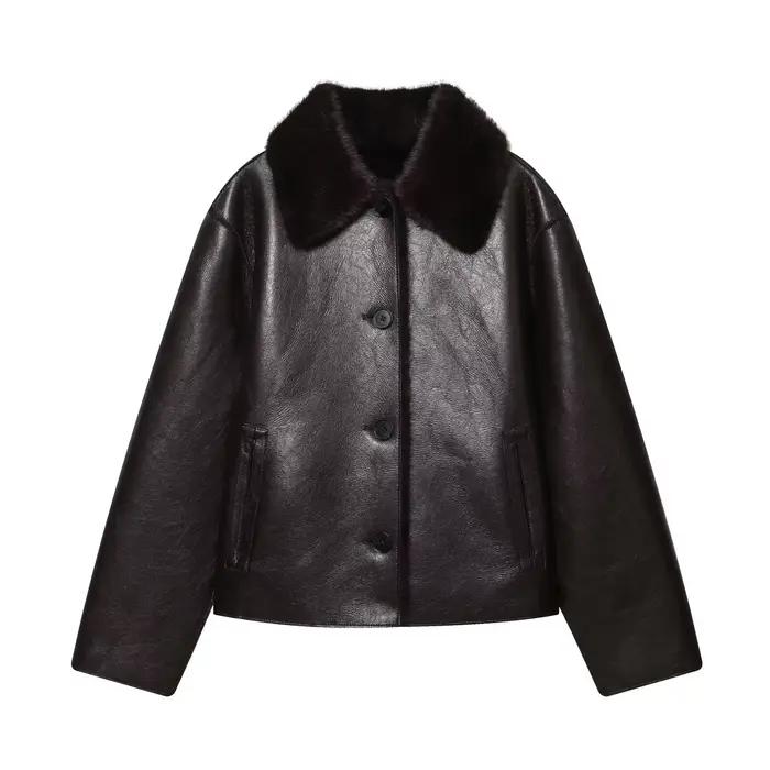 Veste femme 2025 automne/hiver nouveautés marron foncé à manches longues en simili cuir veste révers